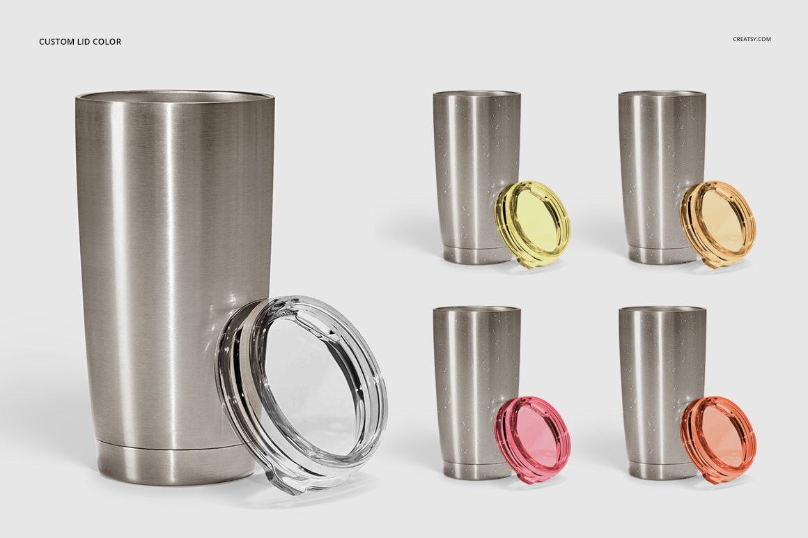 Stainless steel tumbler with transparent lid, shown with four additional colored lid options on a white background.