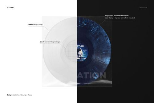 Vinyl record mockup featuring a transparent sleeve and blue marbled disc, split between white and black backgrounds.