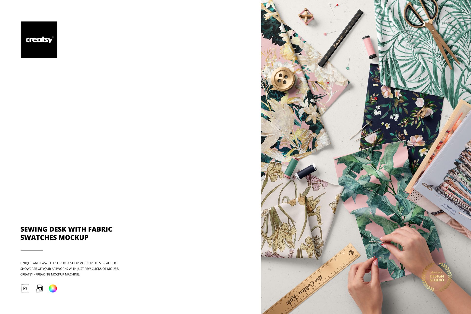 PSD mockup showing a creative workspace with floral and leafy fabric swatches, sewing supplies, and crafting accessories.