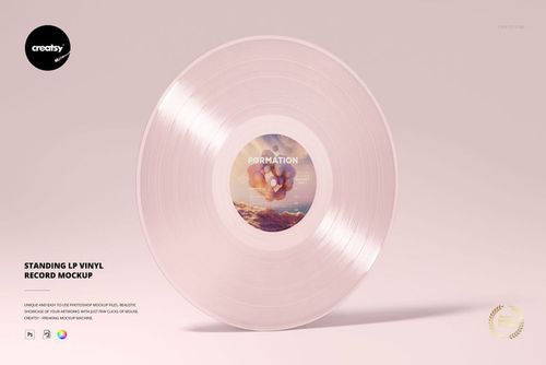Standing LP vinyl record mockup featuring a light pink translucent disc with a central label, shown from a front view.