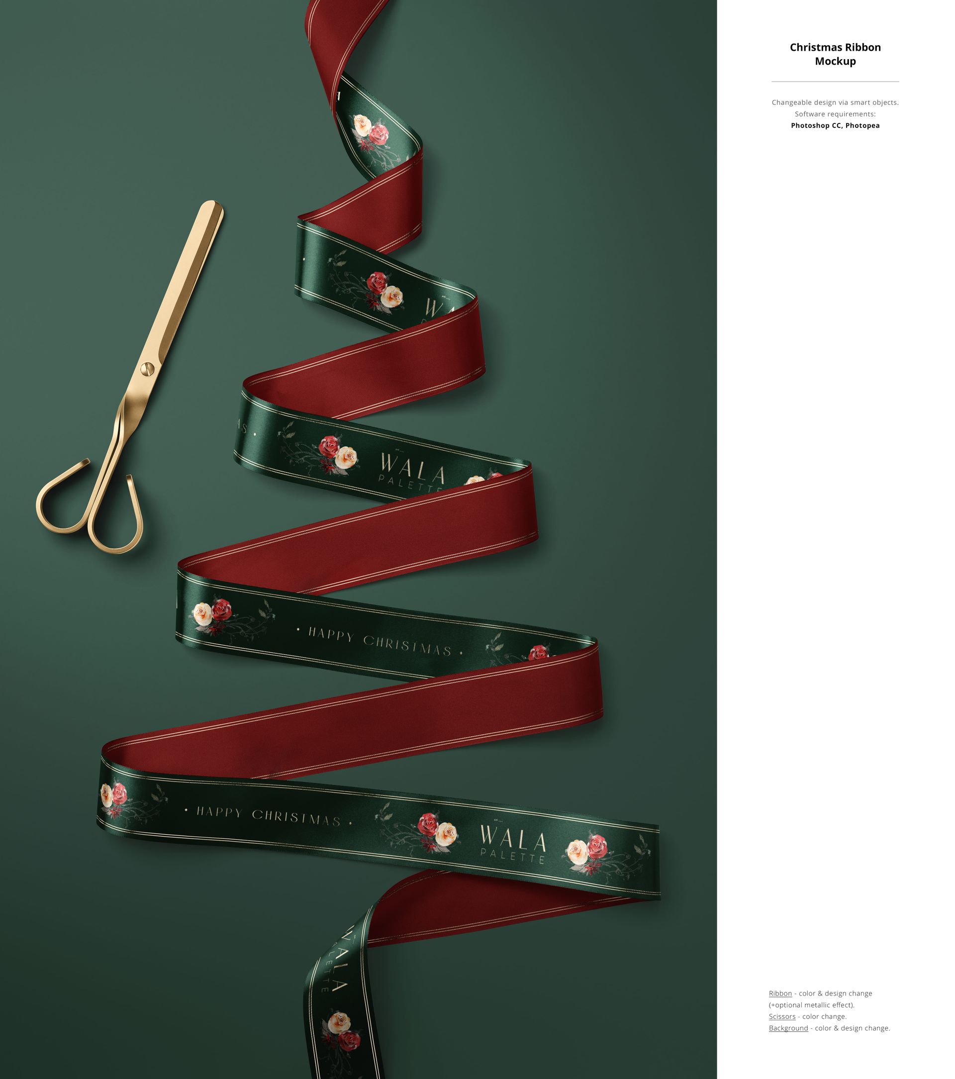 Christmas PSD mockup featuring decorative ribbon in red and green with floral accents, styled next to golden scissors.