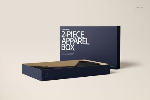 Two-piece apparel box mockup set in navy blue displayed on a neutral background, with one box open and one closed.