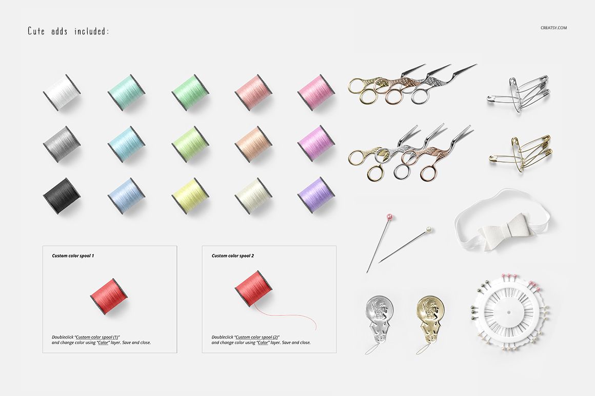 Assorted sewing supplies including colorful thread spools, scissors, safety pins, needles, and ribbon on a white background.