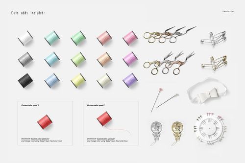 Assorted sewing supplies including colorful thread spools, scissors, safety pins, needles, and ribbon on a white background.