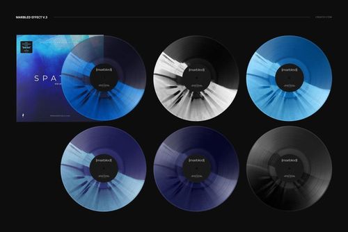 Front view of six vinyl records featuring unique marbled patterns and a blue-toned cover, shown as a PSD mockup.