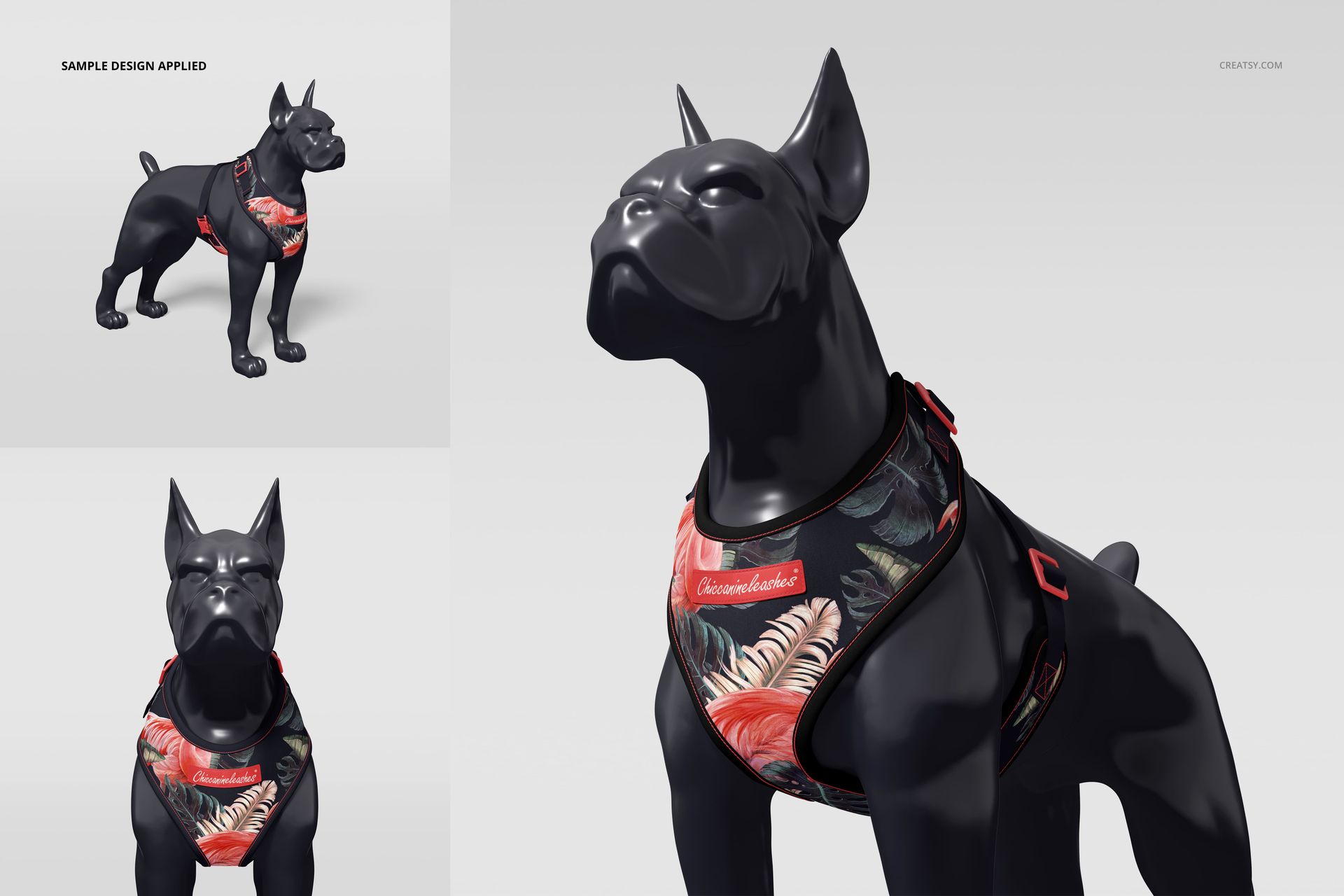 Dog mannequin dressed in a floral-patterned harness, featuring close-up and full-body angles in a PSD mockup set.