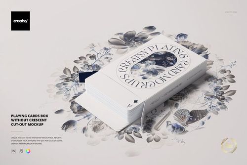 Rectangular playing cards box mockup with intricate blue and gray floral artwork, displayed on a neutral background.