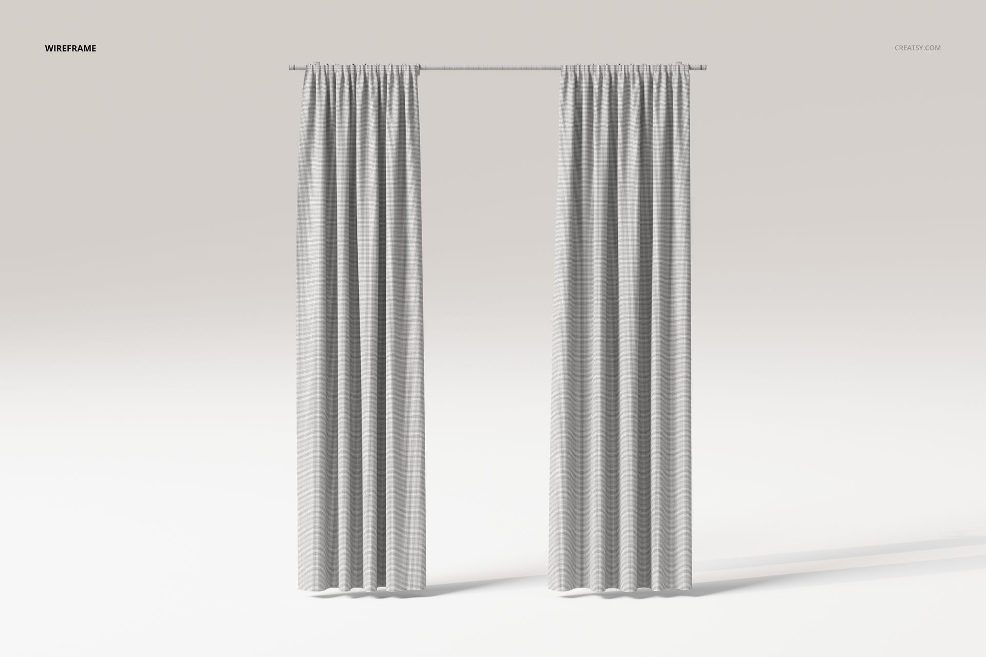 Front view of partially closed double panel curtains in light gray, hanging from a rod against a plain background.