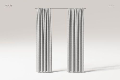 Front view of partially closed double panel curtains in light gray, hanging from a rod against a plain background.