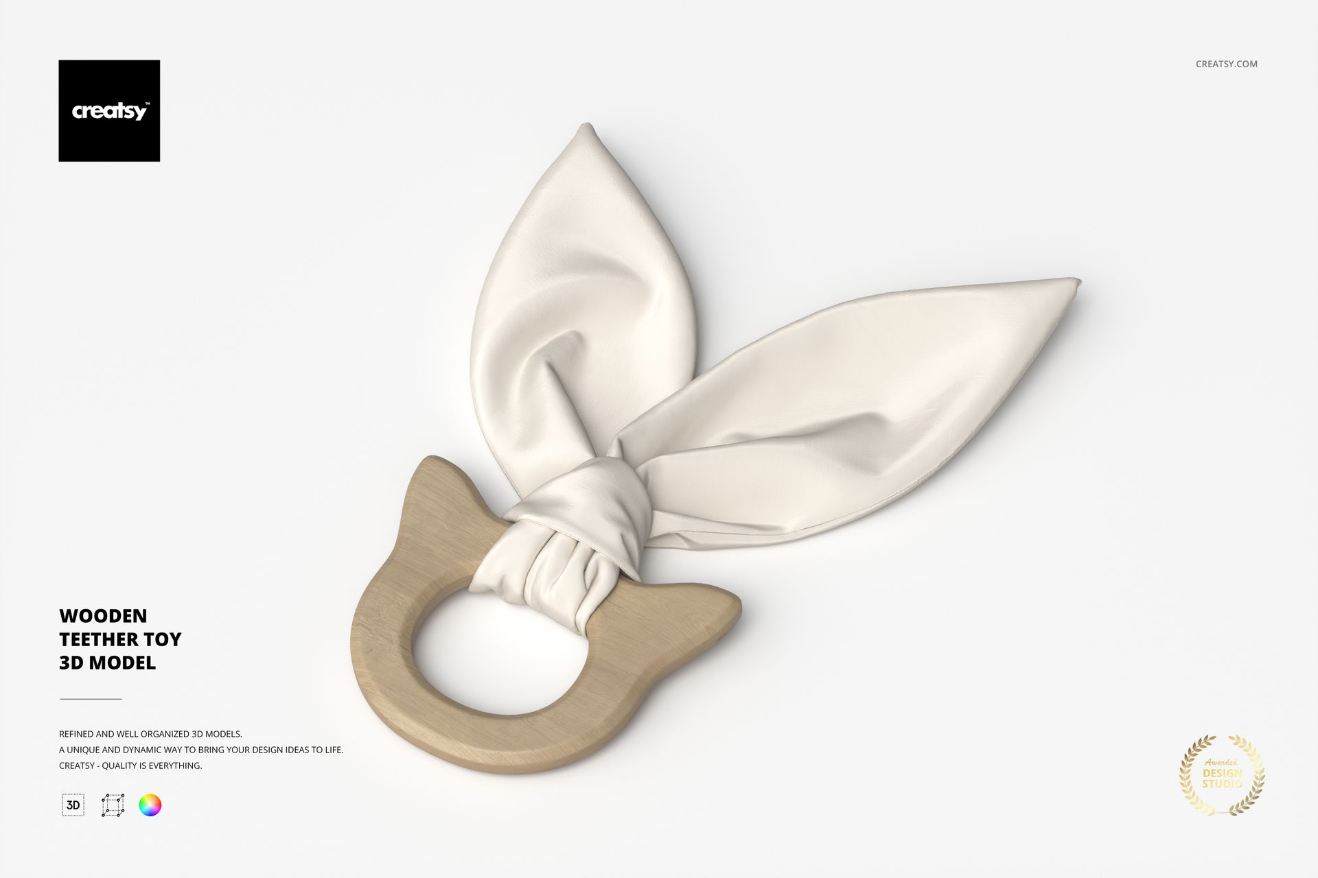 Wooden teether toy with a smooth ring shape and soft white fabric bunny ears, displayed on a light background.