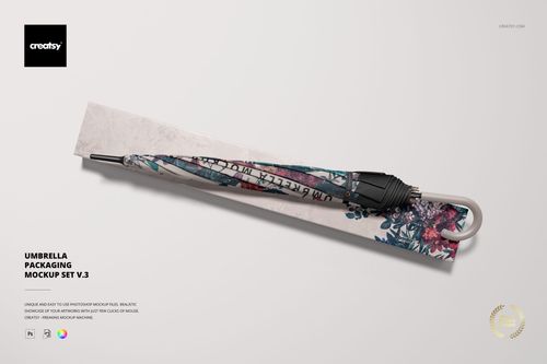 Top view of a floral-patterned umbrella and coordinating packaging sleeve, presented in a realistic PSD mockup scene.