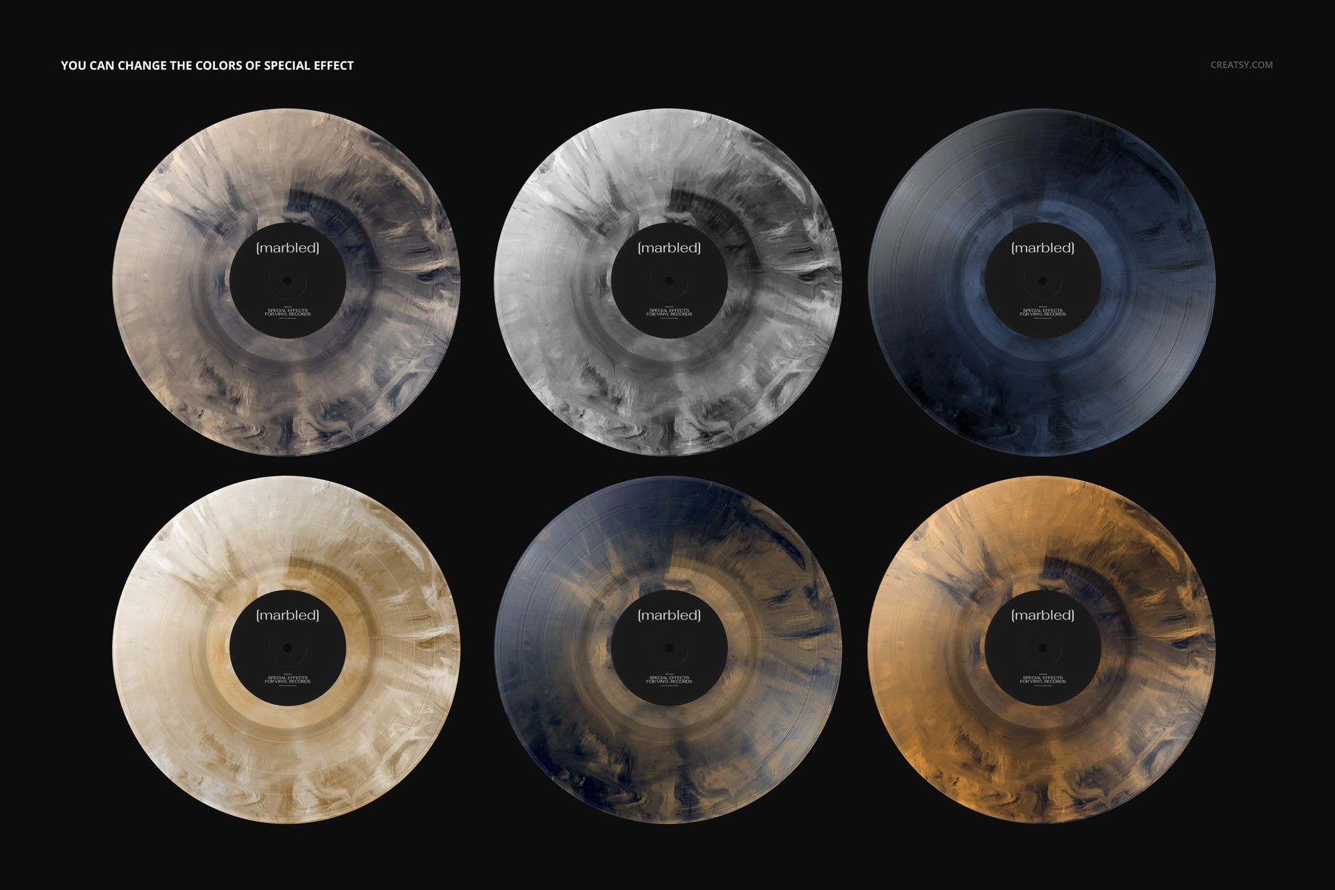 Six vinyl records with swirling marbled patterns in various shades, displayed side by side in a PSD mockup.