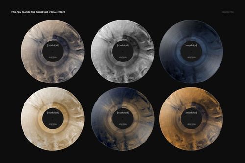 Six vinyl records with swirling marbled patterns in various shades, displayed side by side in a PSD mockup.