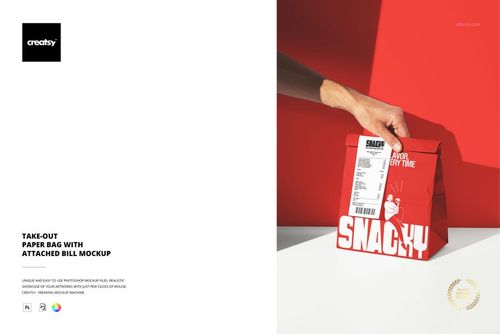 Red take-out paper bag mockup with attached bill, positioned on a white surface and partially in shadow.