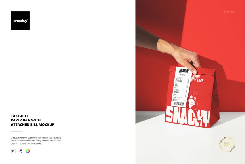 Red take-out paper bag mockup with attached bill, positioned on a white surface and partially in shadow.