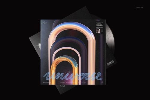 Black vinyl record mockup set featuring a square cover with multicolored arches and starry night design, top view.