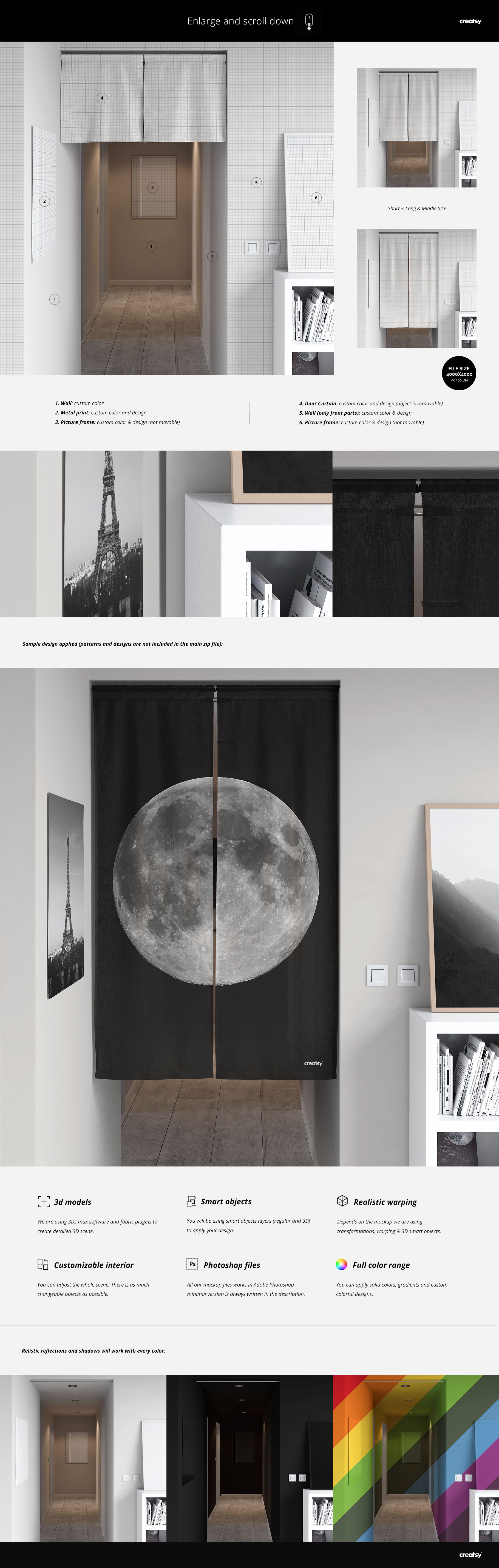 Japanese style door curtain mockup featuring a split curtain design, shown in both white and black with moon print, front view.