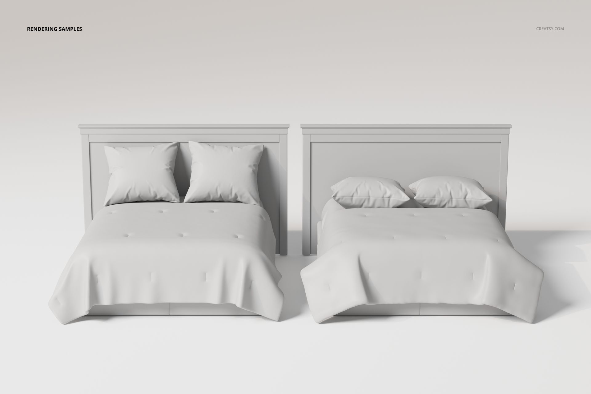 Front view of two headboard beds with different bedding types, both featuring plain white duvets and pillows in a minimal setting.