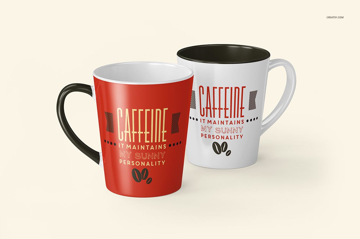 Front view of two 12 oz latte mugs, one red and one white, with black handles and printed text designs on a light background.