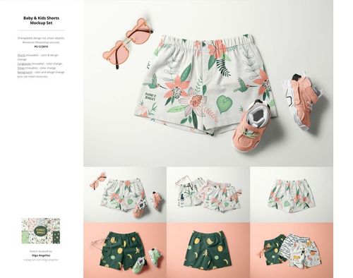 Flat lay of baby and kids shorts mockup set with floral and fruit patterns, sunglasses, and shoes on a light background.