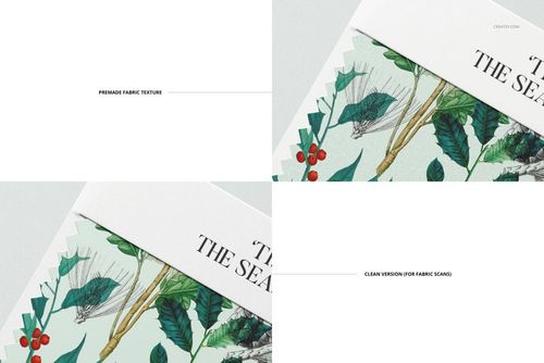 Fabric swatch mockup featuring two versions of a botanical print with holly leaves and berries, shown in close-up view.