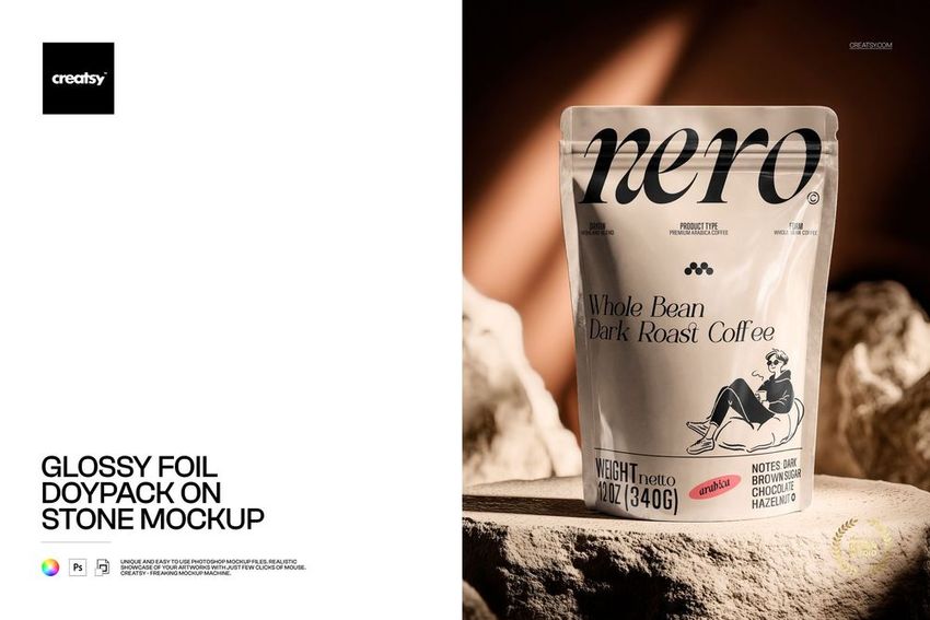 Coffee doypack mockup with shiny foil finish placed on a stone background, showing front design details.