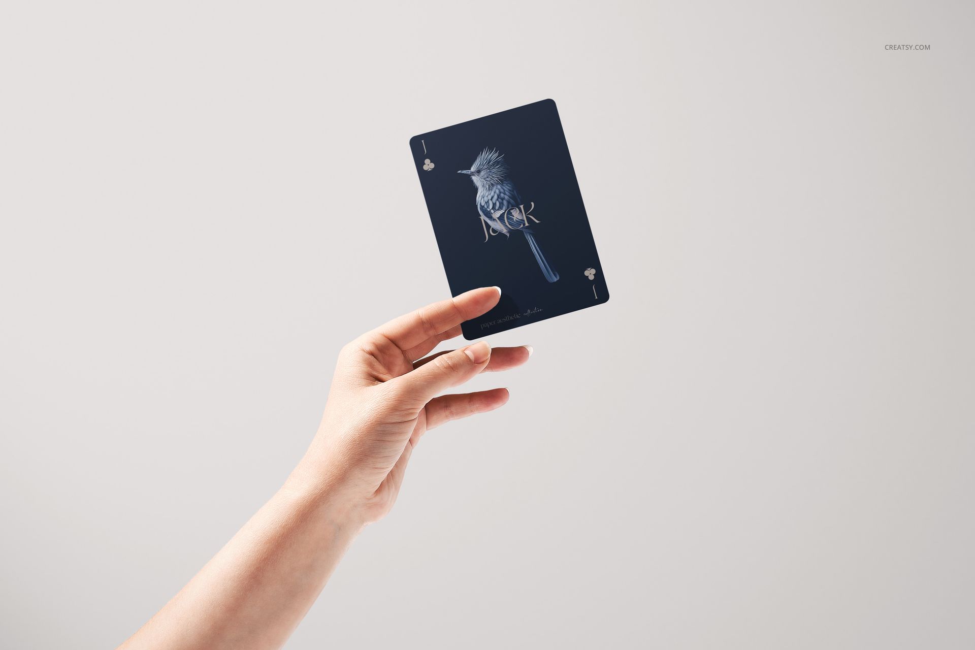 Minimalist scene with a hand displaying a dark playing card, jack of spades, with bird artwork, mockup style.