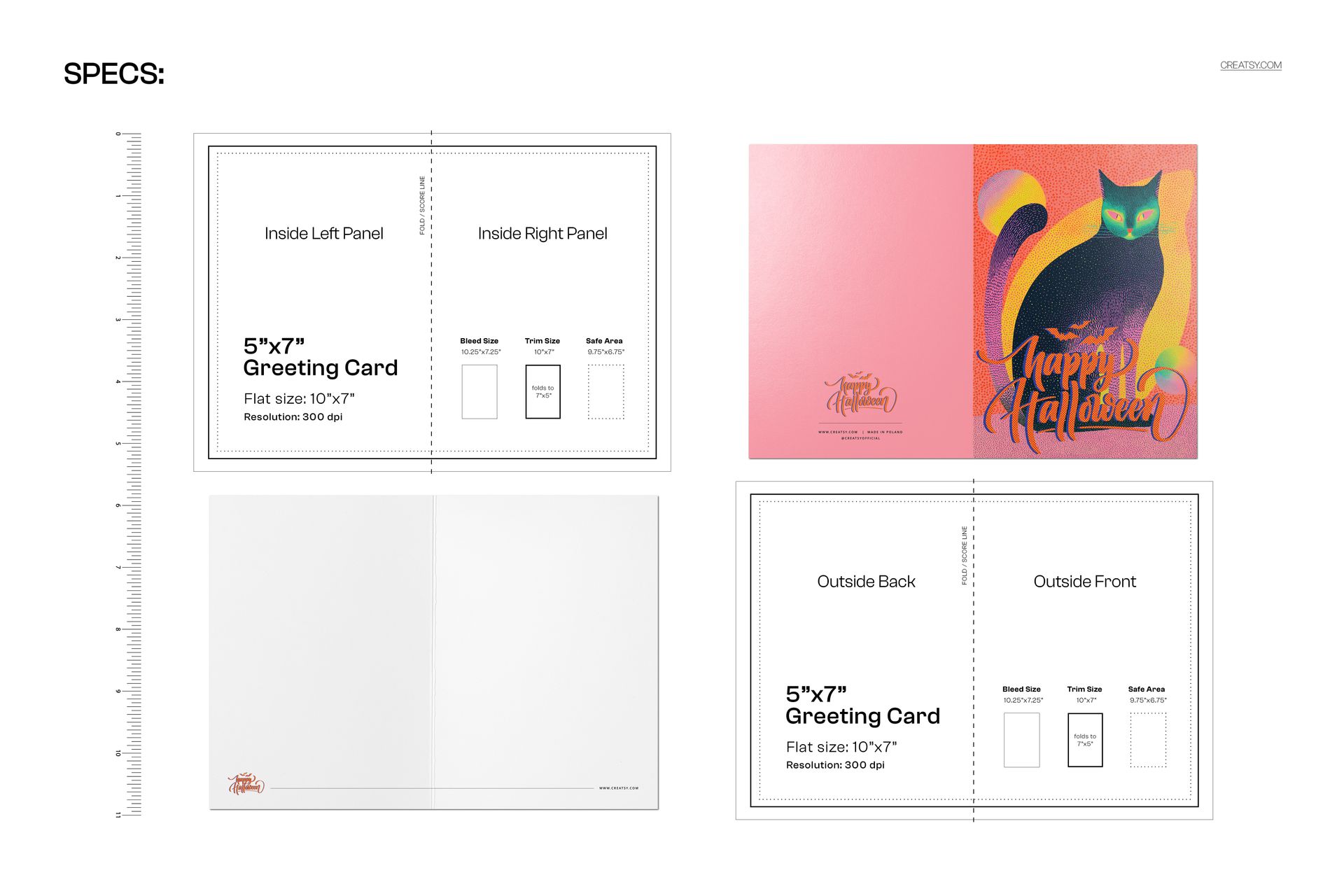 Front and back view of a 5x7 greeting card mockup featuring a colorful cat illustration and Halloween theme.
