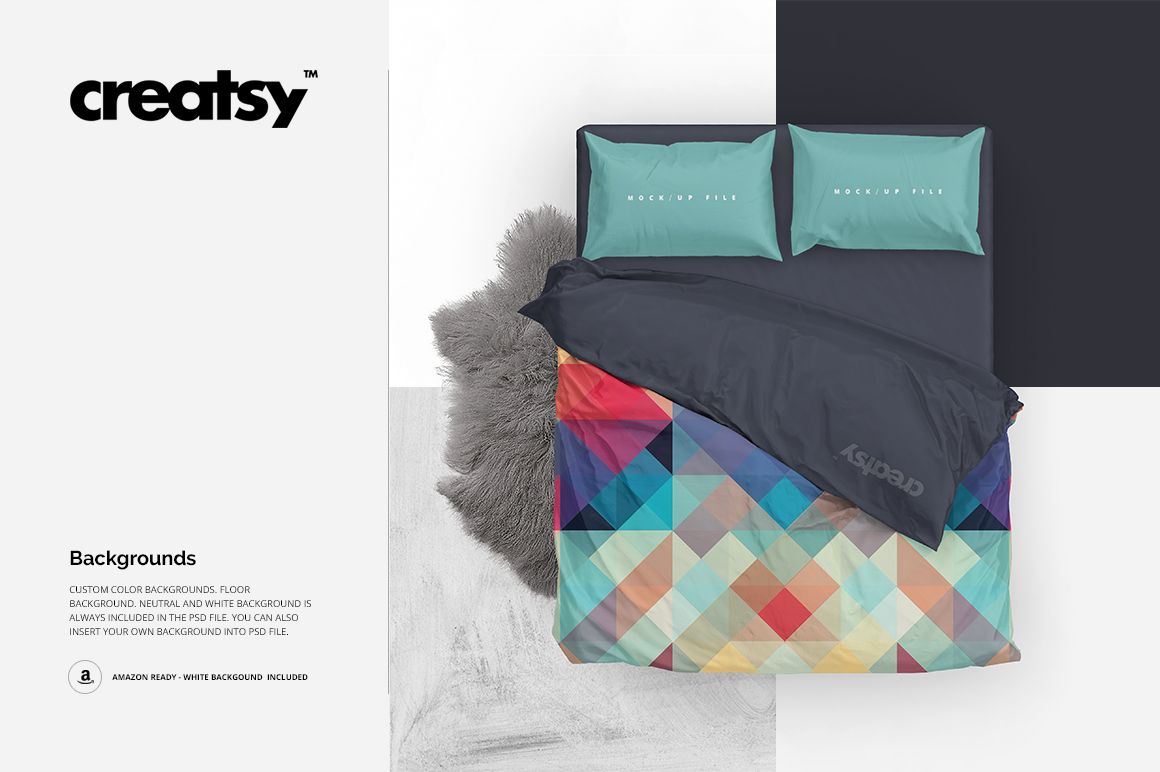 Double bed with two pillows and a geometric patterned duvet, viewed from above in a modern bedroom mockup.