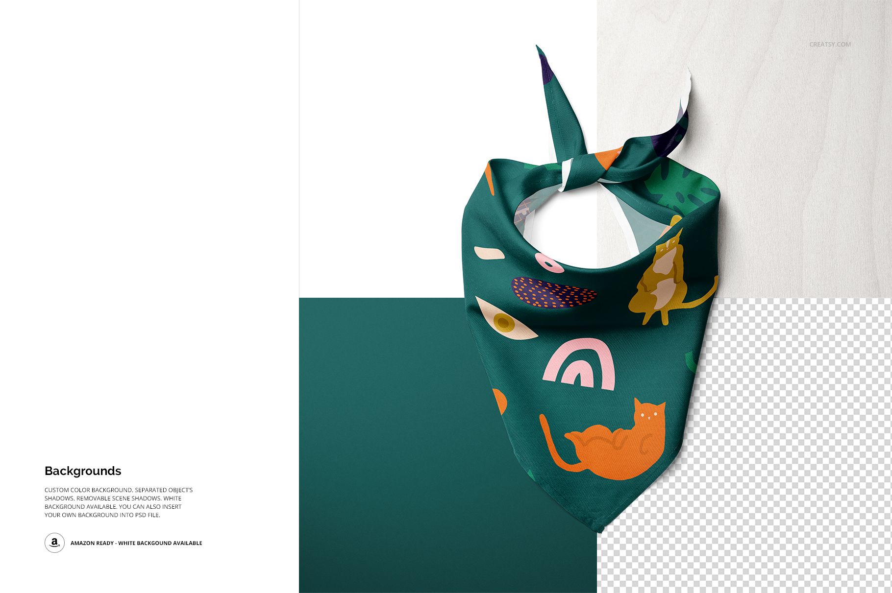 Pet bandana mockup featuring a green fabric with playful designs, shown flat with a tied knot on a white and teal backdrop.