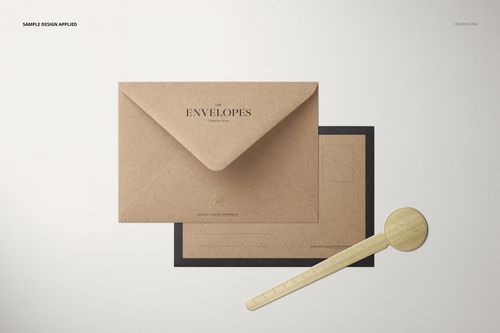 C6 kraft paper envelope mockup shown from above, paired with a postcard and a round wooden letter opener.