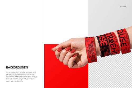 PSD mockup of stacked festival wristbands on a hand, with a clean background in white and red color blocks.