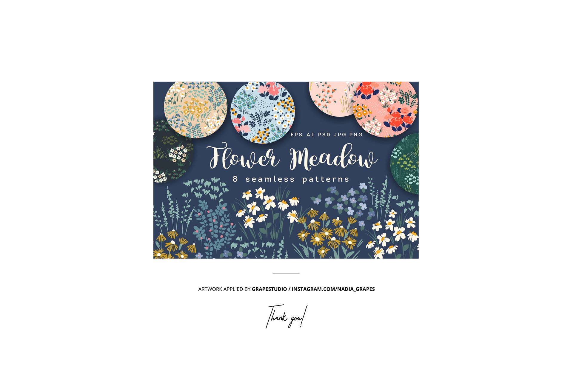 Front view of hanging tea towels mockup featuring various floral patterns in blue, yellow, pink, and green tones.