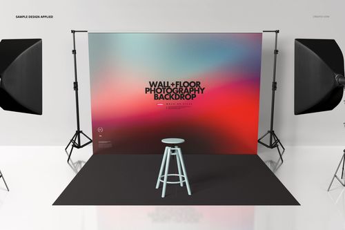 Photography backdrop mockup with a gradient wall and floor, two studio lights, and a light blue stool centered.