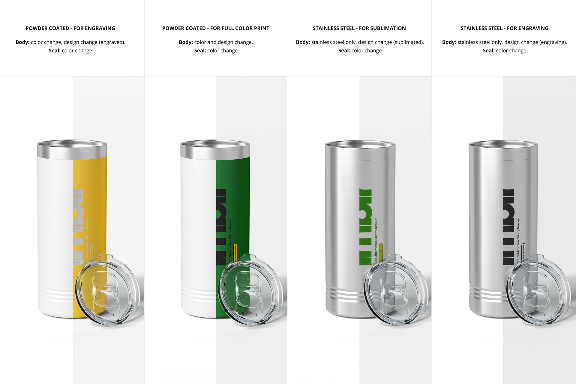 Front view of four 22oz skinny tumblers in silver and white finishes, each with a clear lid, displayed side by side.