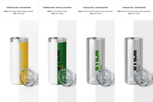 Front view of four 22oz skinny tumblers in silver and white finishes, each with a clear lid, displayed side by side.