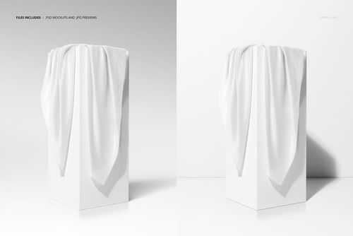 Silk scarf mockup featuring a smooth white fabric elegantly hanging over a geometric pedestal in a well-lit scene.