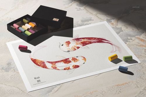 Horizontal poster print mockup featuring two koi fish in pastel colors, with Japanese pastels and soft shadows on a textured surface.