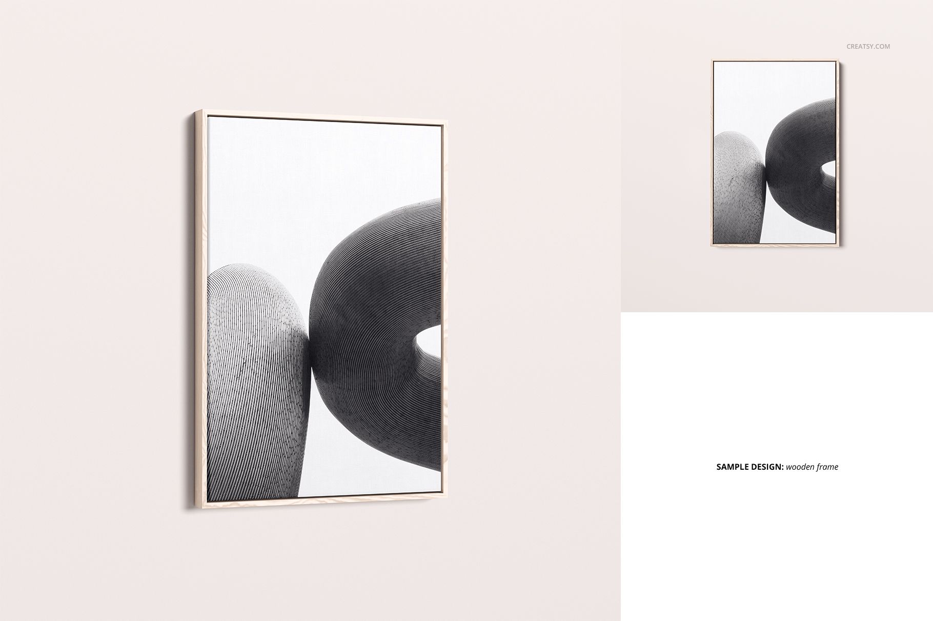 PSD mockup showing a canvas in a custom wood floater frame, featuring minimalist abstract art and a clean setting.