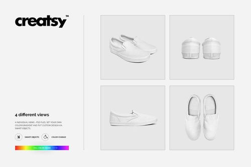 Slip-on shoes mockup set showing four views: side, back, top, and perspective on a neutral background.