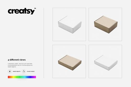 Mailing box mockup set showing four square boxes in white and kraft brown, displayed from a top angle on a plain background.