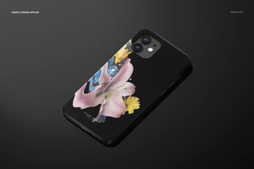 iPhone 12 matte snap case mockup with a vibrant flower print, shown in a perspective view against a black surface.