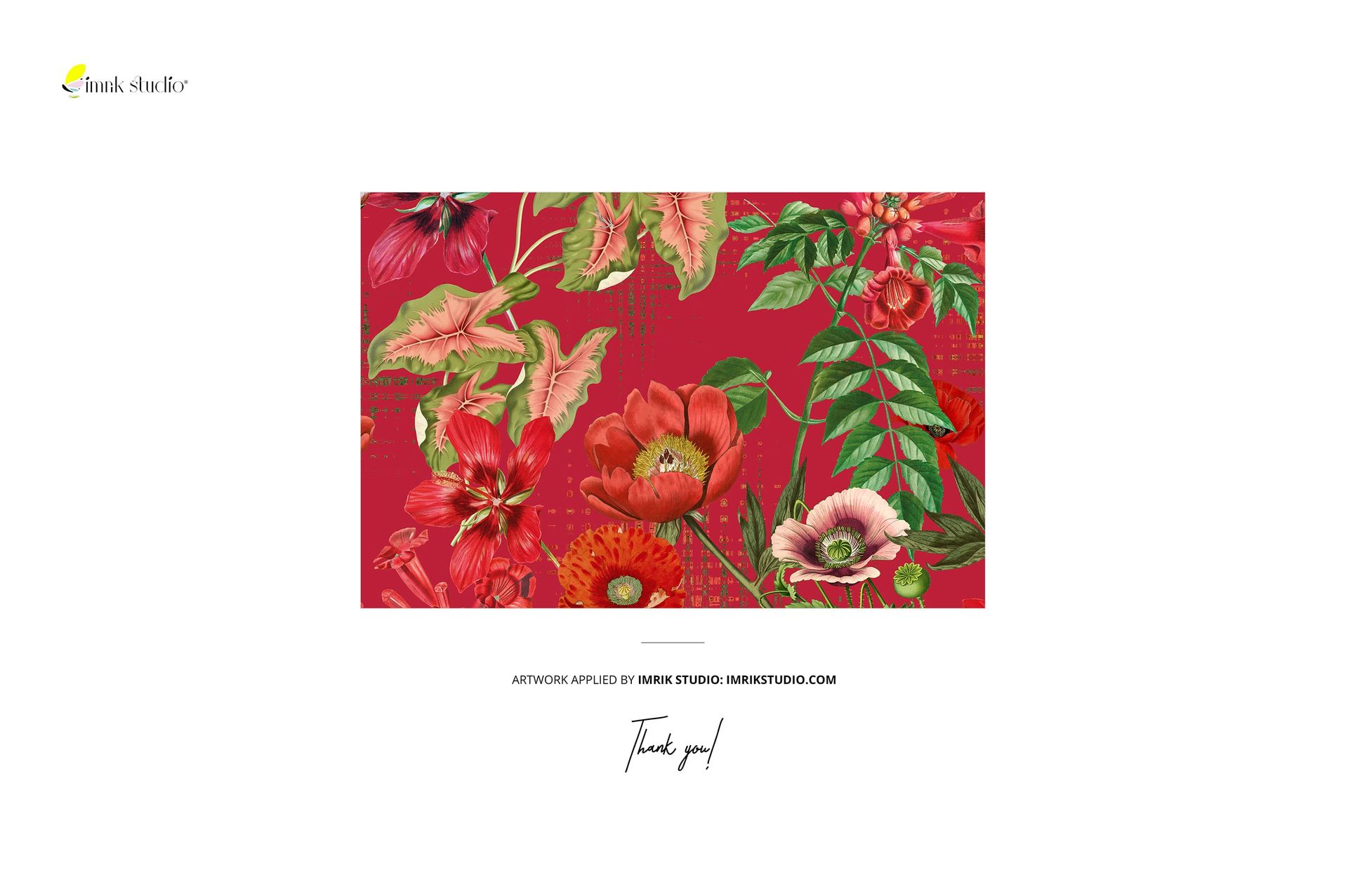 Rectangular fabric mockup with a vivid red background, featuring large floral patterns in shades of pink, green, and cream.