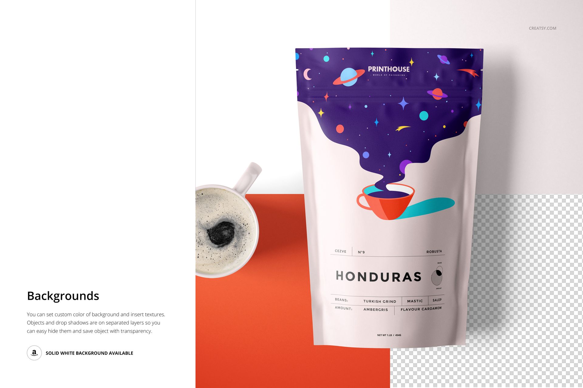 Front view of a stand up zip lock pouch mockup with a colorful abstract design, shown on a split background.