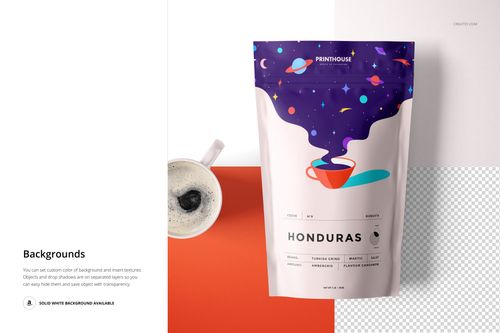 Front view of a stand up zip lock pouch mockup with a colorful abstract design, shown on a split background.