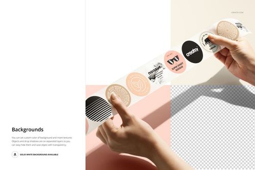 Round sticker tape mockup held by fingers, featuring multiple graphic designs on a bright, minimal surface.