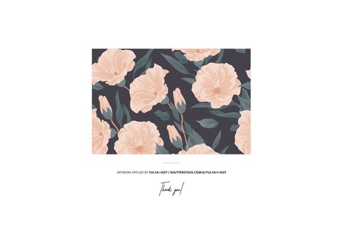 Floral bedding mockup with large peach flowers and green leaves on a dark background, front view layout.