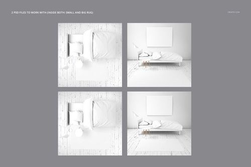 PSD mockup of a children's room with a round-corner rug, white bed, and minimal furnishings, displayed in two perspectives.