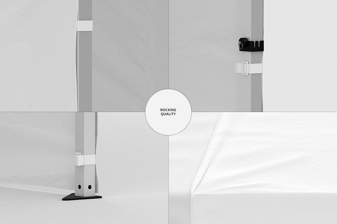 Pop up tent mockup shown in four close-up sections, highlighting fabric texture, seams, and structural details.