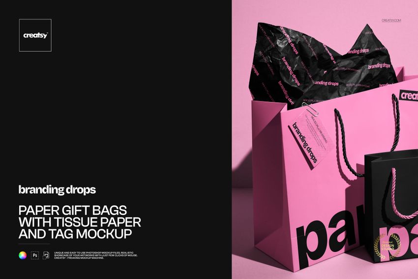 Paper Gift Bags with Tissue Paper and Tag Mockup - mockup screenshot 1